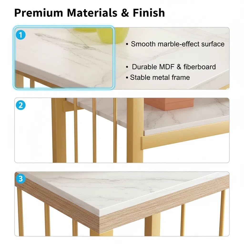 Mehisir Nail Desk with 3-Tier Shelves, Modern Manicure Table Luxury Heavy Duty Nail Table with Marble Top Gold Frame Multipurpose Nails Tech Desk for Beauty Salon Spa White White