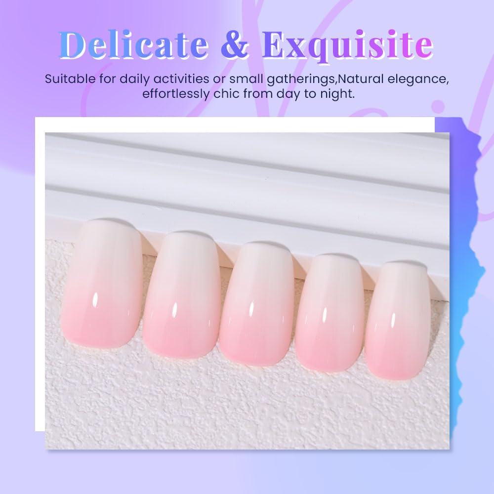 Ombre Press-On Nails - White & Light Pink Coffin Acrylic Design | 30 Pcs Reusable DIY Nail Art Kit for Women