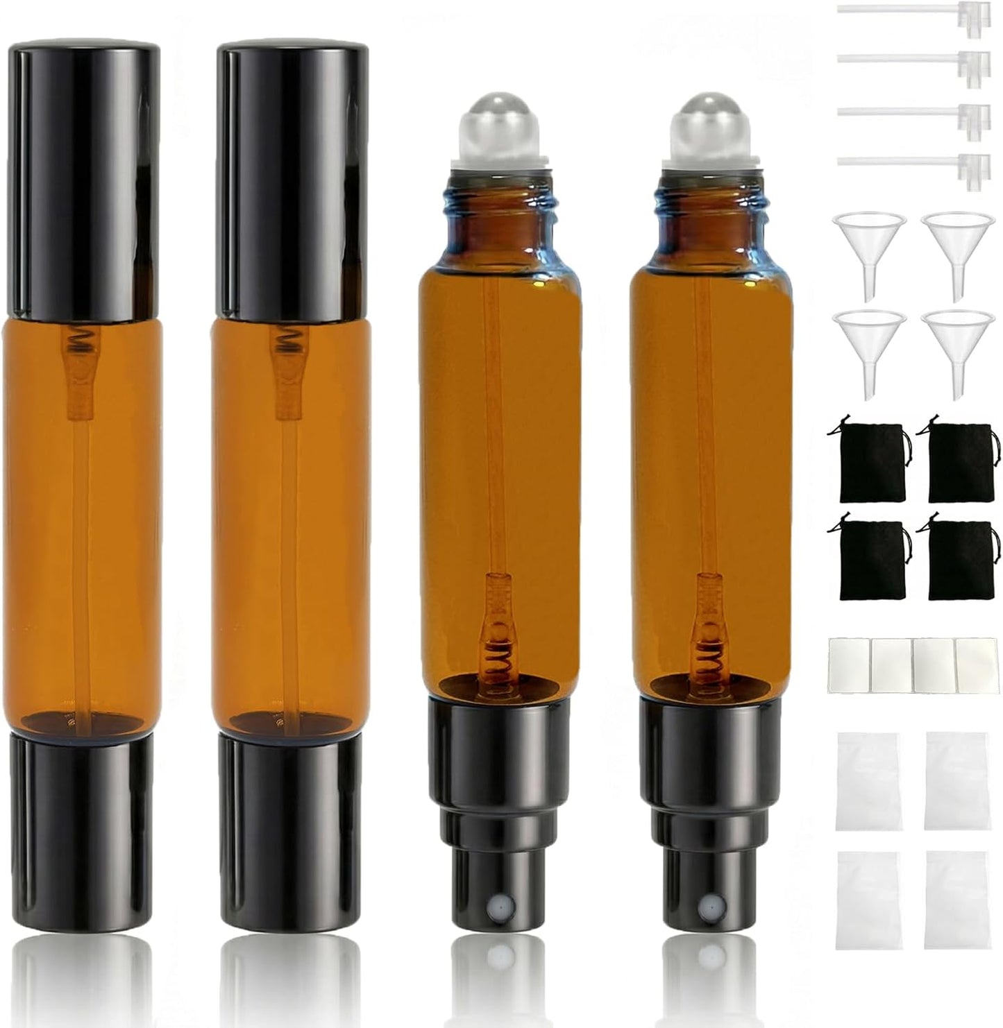 Travel Perfume Bottle Set - 4PCS Refillable Glass Atomizers with Dual-Head Spray & Roller Ball | 10ml Amber & Clear