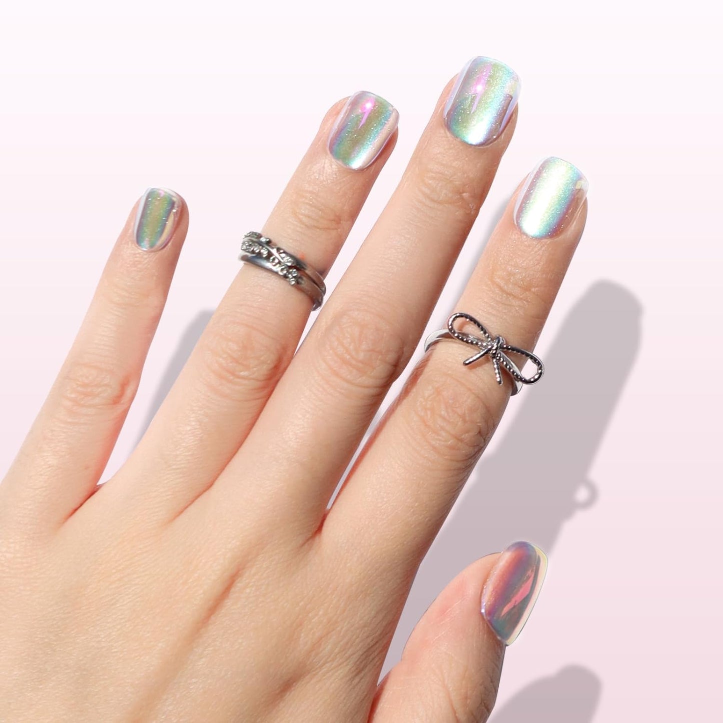 Press On Nails - Hologlam Glossy Aurora Cat Eye Velvet Short Square | Reusable Stick-On False Nails in 15 Sizes - 30 Nail Kit