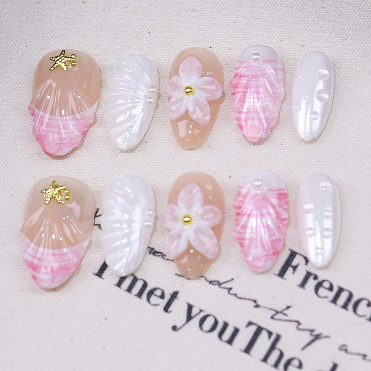 Flower Press-On Nails - 10 Pcs Short Almond Style with Gold Shell & Starfish Rhinestones | Reusable Cute Handmade Acrylic Nails for Women & Girls