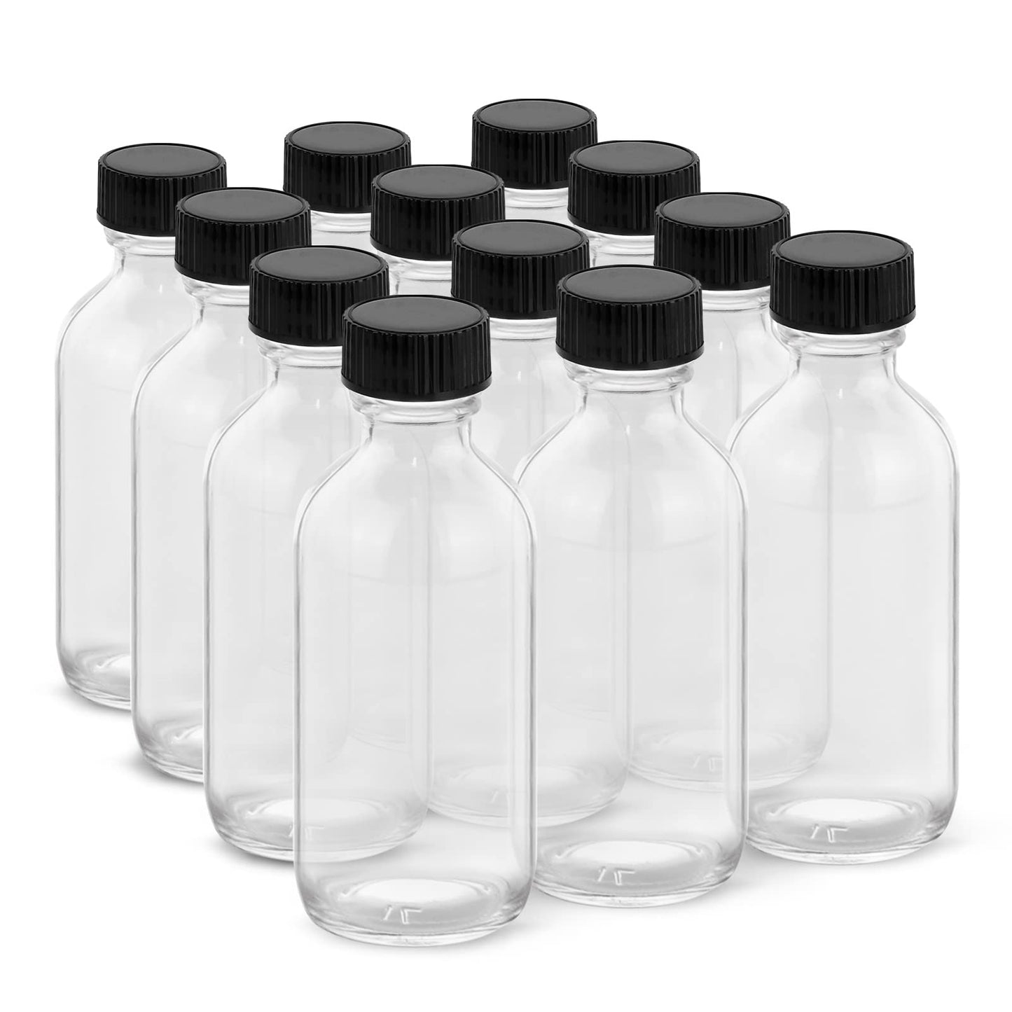 Rionisor 2OZ Small Glass Bottles with Lids and Funnels, 60ml Boston Round Glass Bottles, Leakage-Proof Mini Travel Bottle, Perfect for Diy Essential Oils, Perfumes, Whiskey and Juices, 12 Pack Clear
