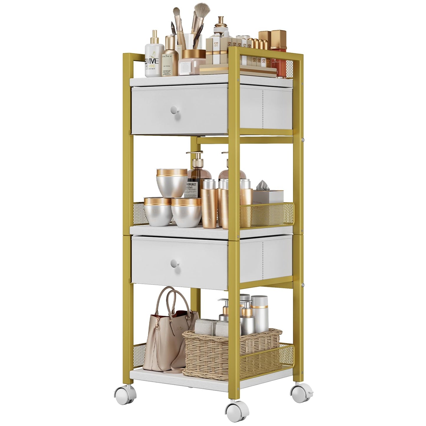Flycity Makeup Organizer Cart with Drawers, 5 Tiers Rolling Makeup Cart, Floor Skincare Organizers, Vanity Organizer Storage with Wheels Cosmetic Display Cases for Skin Care Perfume Nail Polish, Gold