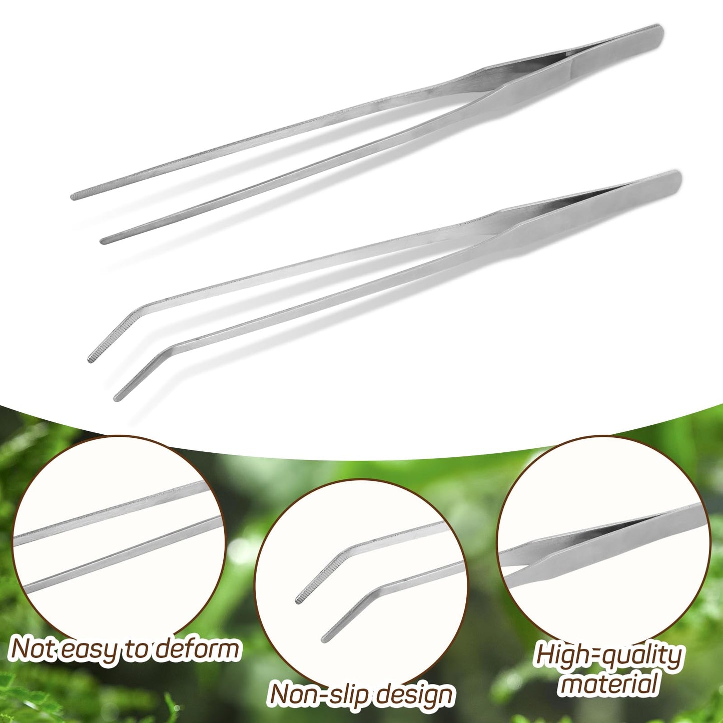 LuckyOpt 2Pcs Reptile Feeding Tongs with Rubber Tip, 10.6 Inch Stainless Steel Straight and Curved Extra Long Tweezers for Aquarium, Snakes, Turtles, Salamanders, Lizards Feeding (2 pcs)