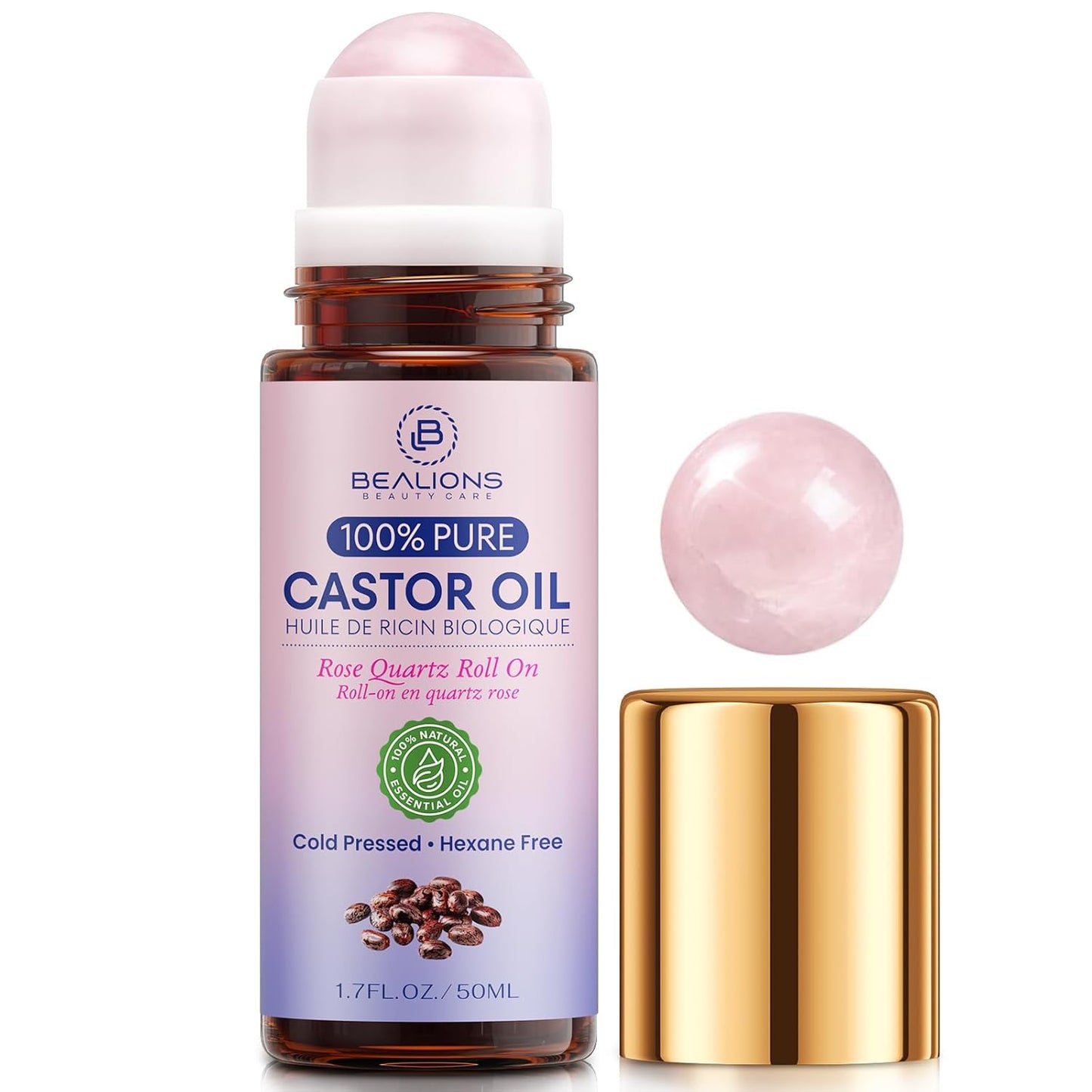Organic Castor Oil Roll-On | Rose Quartz Roller Ball for Fine Lines, Wrinkles & Puffiness - Ideal Birthday Gift for Women 35+