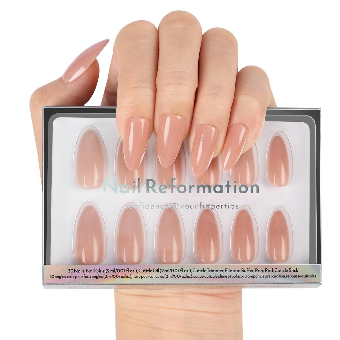 Almond Press On Nails - Rose Gold Glazed Finish | Natural & Reusable, 30 Nail Tips with Glue, 15 Sizes