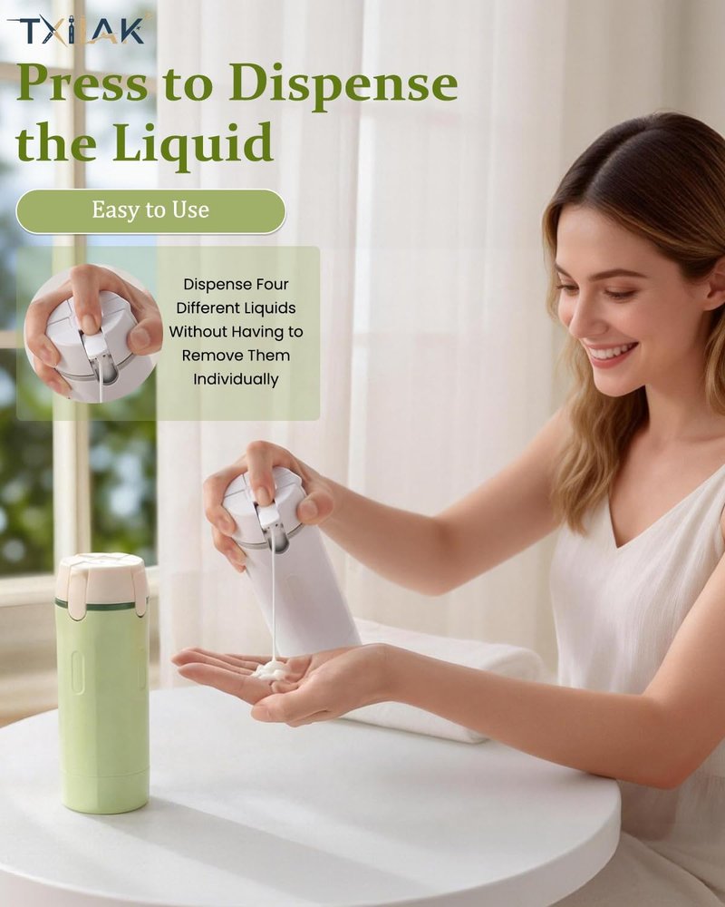 Travel Dispenser Bottle Set - 4 in 1 Refillable Cosmetic Containers | Leakproof Shampoo & Conditioner for Vacation Essentials