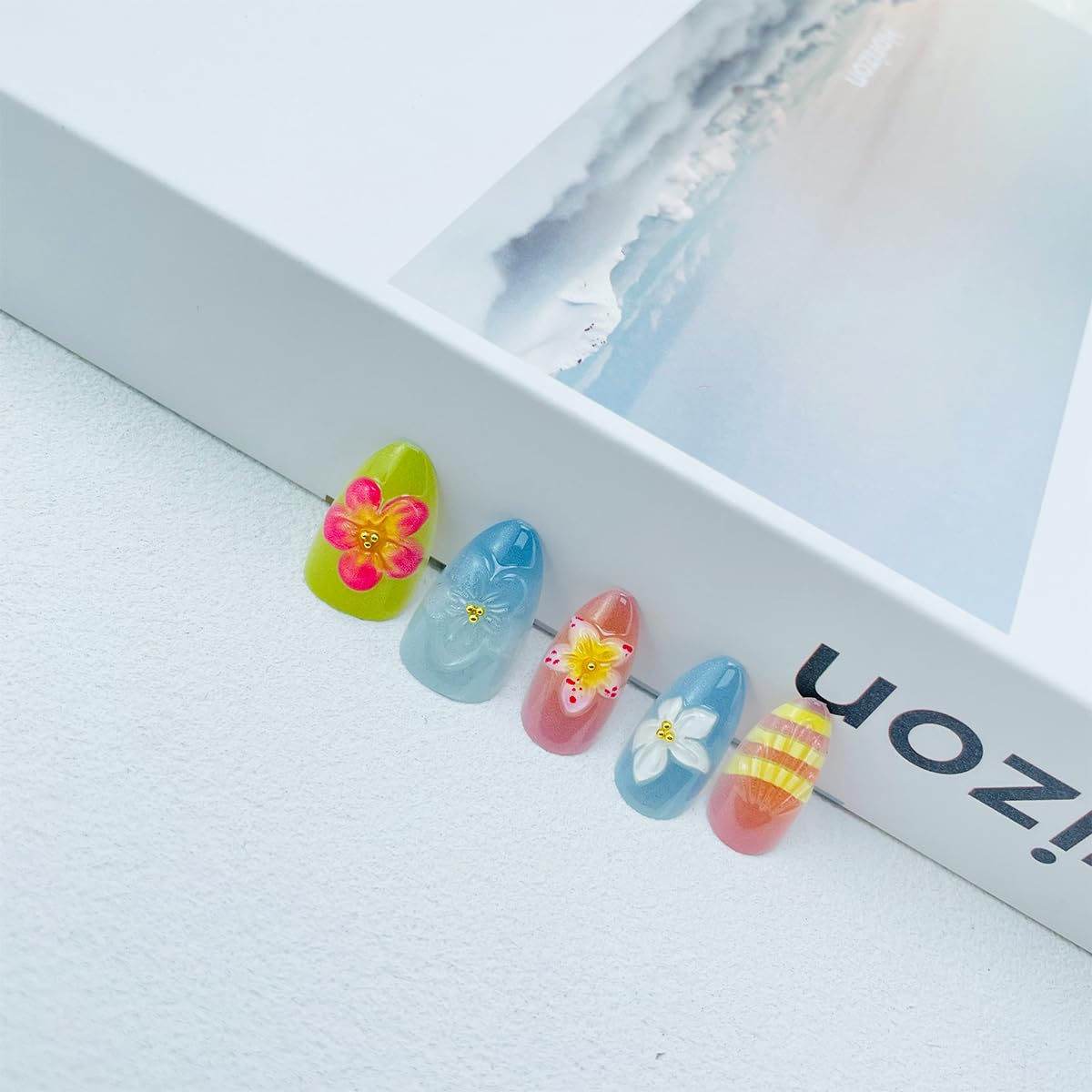 Handmade Press-On Nails - Short Almond French Tip with Pearl Design | 30 Pcs Glossy Oval Acrylic Full Cover for Women & Girls