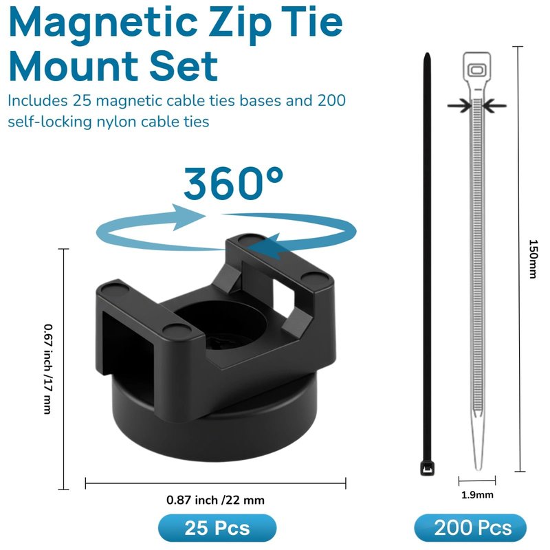 ZyCooom 225 Pieces Magnetic Cable Ties Set, 25 Magnetic Zip Tie Mounts with 200 Cable Ties, Strong Wire Holder Cables Management, Multipurpose Electrical Cord Holders Organizer (22mm)
