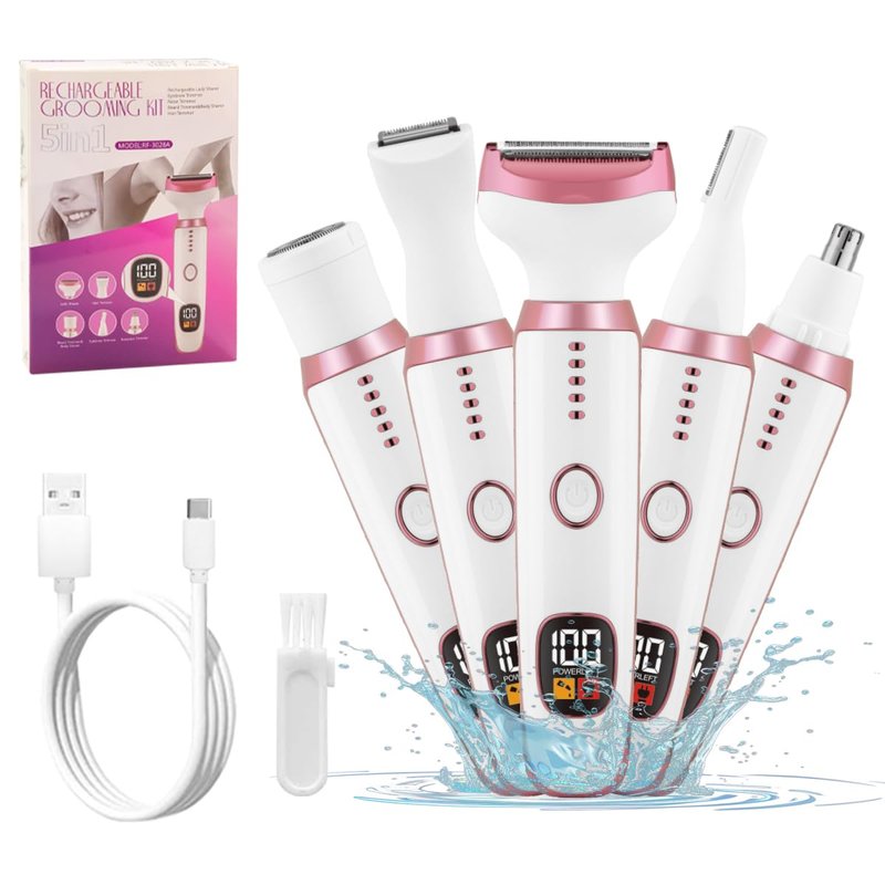 Electric Razors for Women, 5 in 1 Painless Ladies Wet & Dry Body Razors and Facial Hair Remover, Rechargeable Facial and Body Hair Remover for Face Nose Eyebrow Arms Armpit Legs Pubic Area（White）