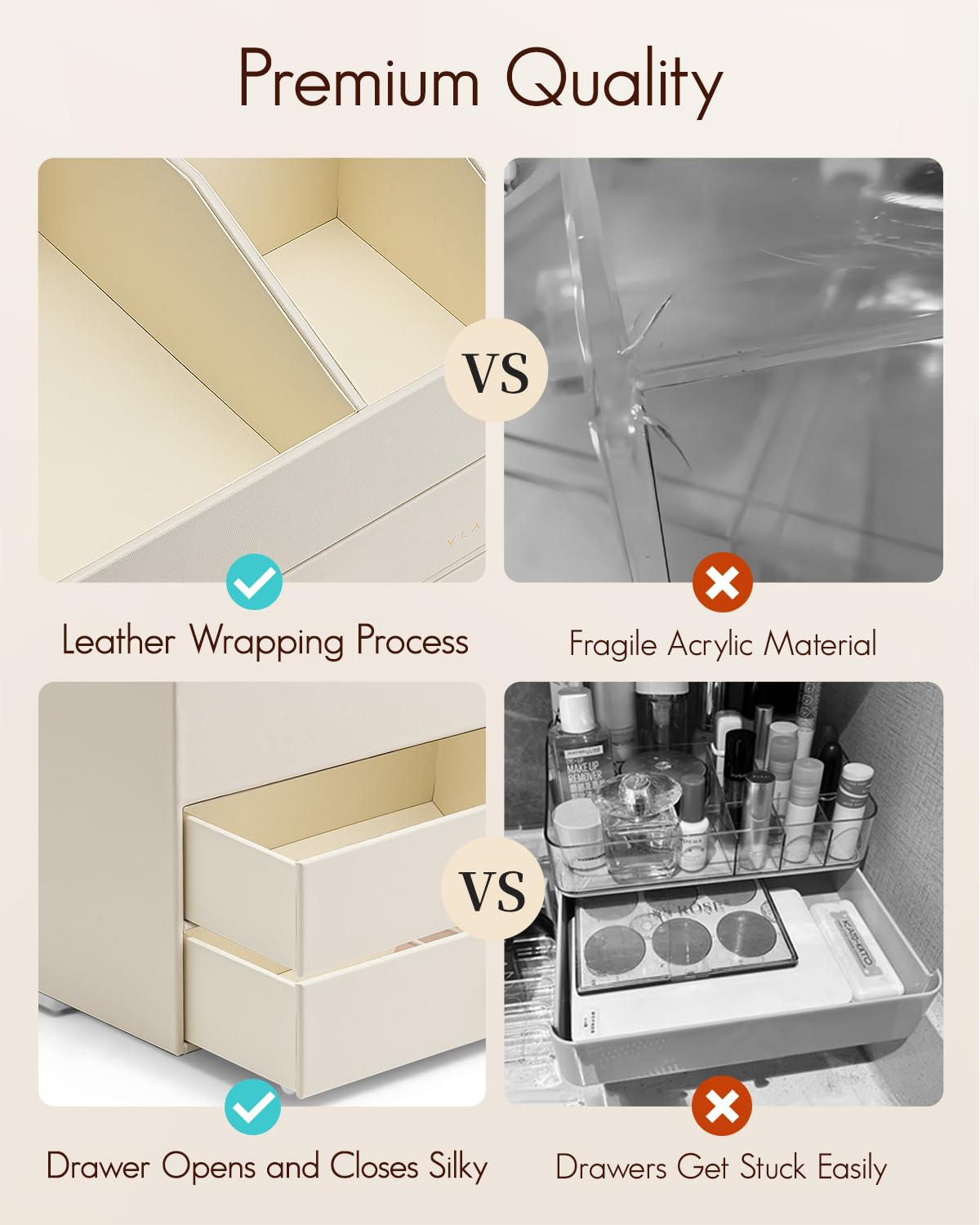 VLANDO Makeup Organizer for Vanity,Large Capacity Bathroom Counter Organizer with Drawers,PU Leather Skin Care Storage for Lipstick,Brushes,Perfumes (Beige)