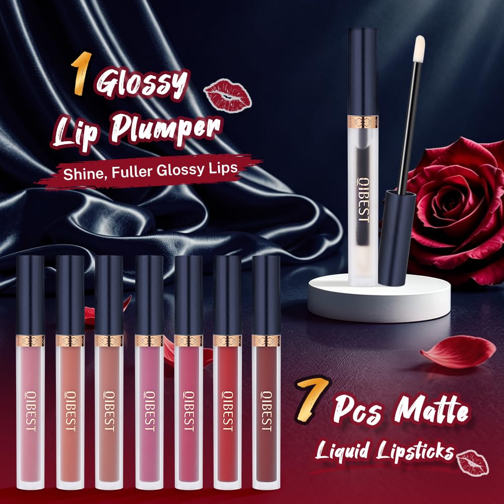 Matte Liquid Lipstick Set - 7 Pigmented Long-Lasting Shades + Lip Plumper | Velvet Waterproof Makeup Gift for Women