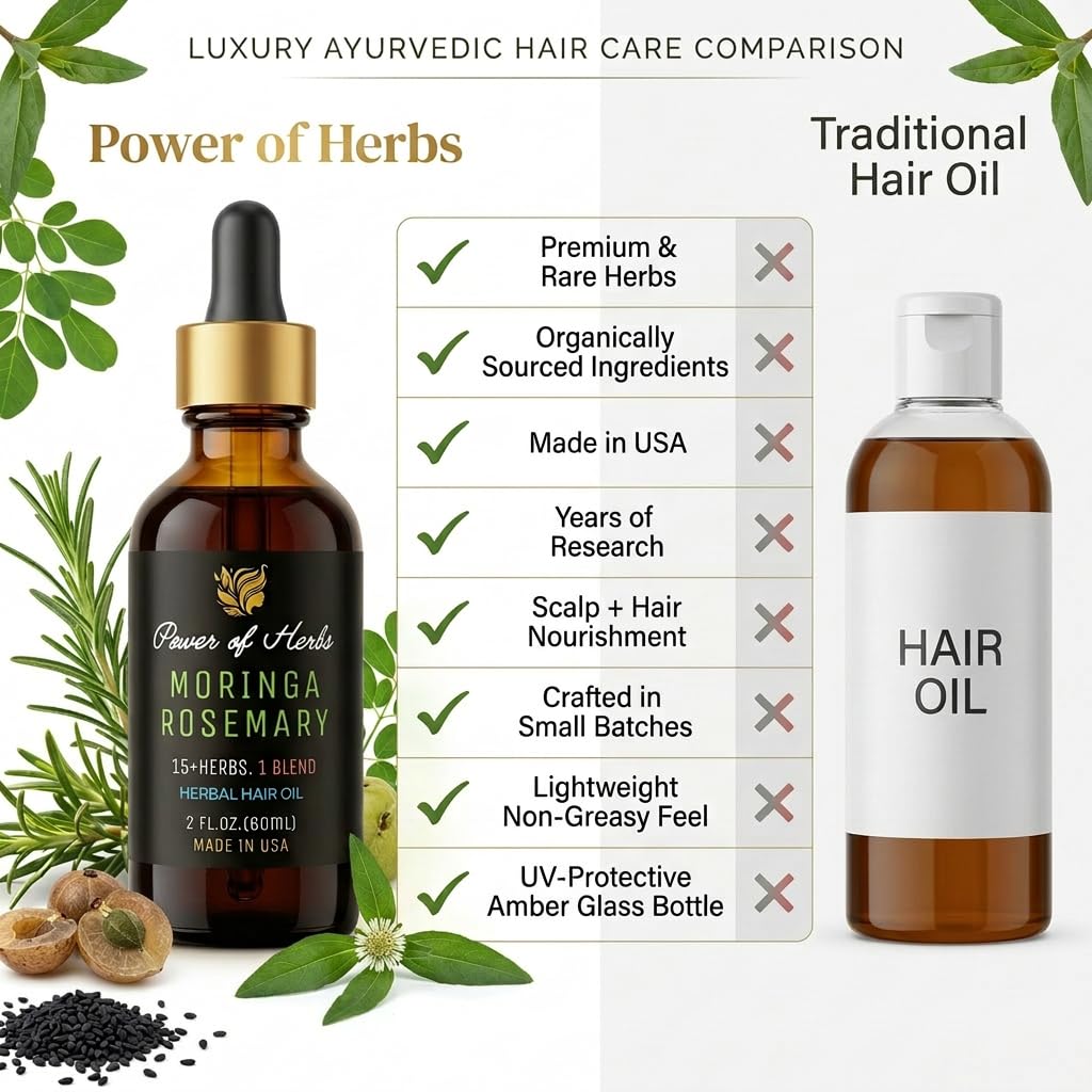 Moringa Rosemary Hair Oil with Amla, Bhringaraj, Pumpkin seed, Almond, Neem, Fenugreek, Infused with Biotin & Vitamin E, Reduces Hair Fall & Thinning, Supports Growth & Scalp Nourishment, Made in USA