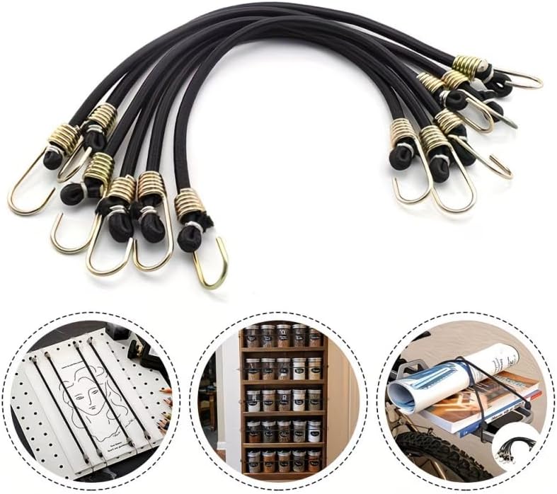 Heavy Duty Bungee Cords - 10 Pack Black Elastic Straps with Metal Hooks for Camping, Tent & Bike Use