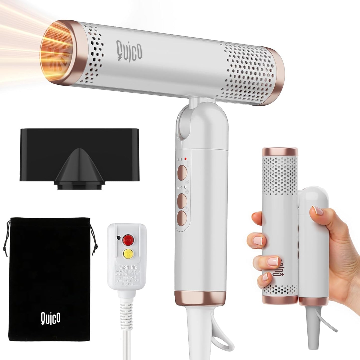Quico Travel Hair Dryer - Dual Voltage, Fast Drying with 120000 RPM Brushless Motor | Foldable, Ionic, 3 Heat & Speed Settings