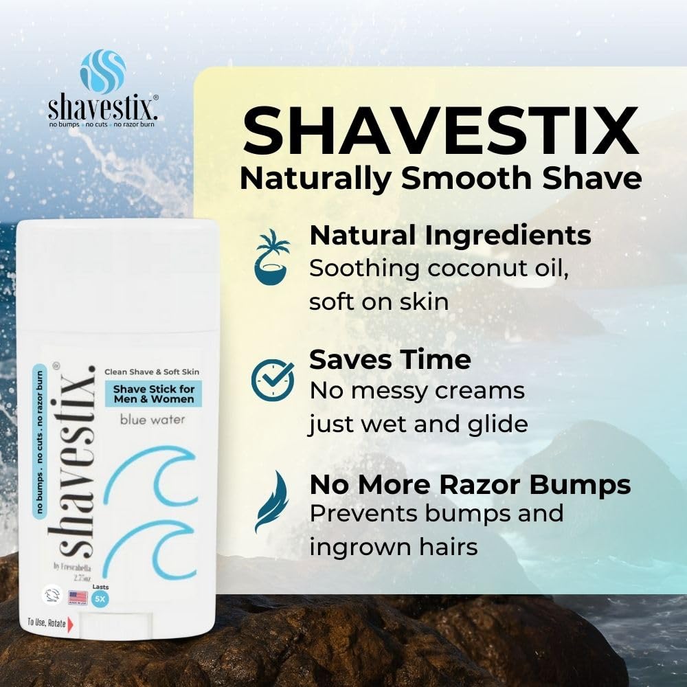 Travel Shaving Cream Stick 2.75 Oz | Blue Water Scented Coconut Based Razors, Shavers Friendly Hair Removal Cream Bar | Shavestix Shave Stick Sub Foam, Gel, Soap, Shaving Cream Women, Men