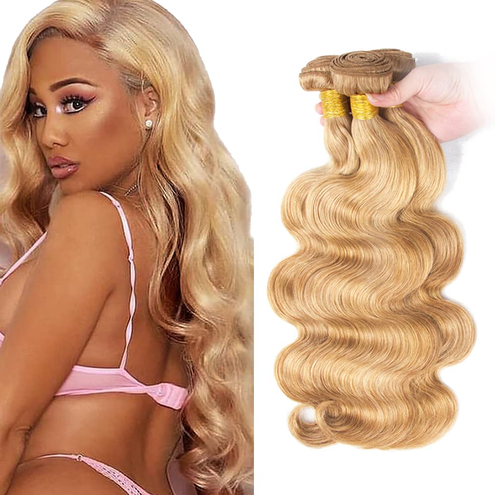 P27/613 Blonde Bundles Human Hair Body Wave Bundles 22 24 26 Inch Highlight Blonde Unprocessed Brazilian Virgin Hair Deals Quick Weave Hair Extensions 3 Bundle 50 Gram Per Bundle For Woman