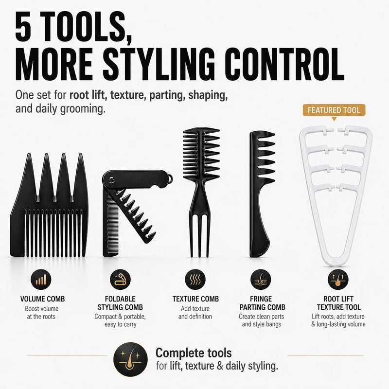 Volumizing Hair Styling Comb Set - 5PCS Texture Comb for Men & Women | Root Lift, Quiff, Slick Back Tools