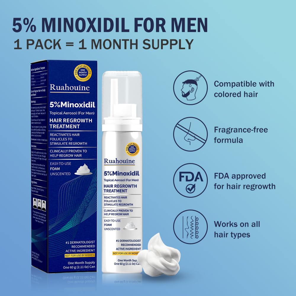 Ruahouine 5% Minoxidil Foam for Hair Regrowth, Topical Hair Loss Treatment for Men to Regrow Fuller, Thicker Hair, Rosemary Minoxidil Topical Aerosol, 60ml / 2.11oz