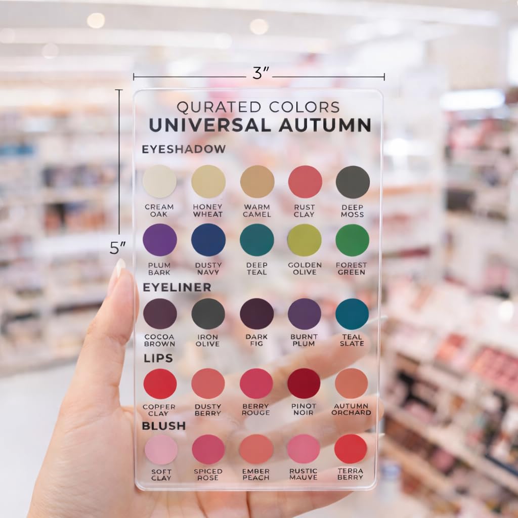 Qurated Colors Universal Autumn Makeup Color Guide – Eyeshadow, Lip, Blush & Eyeliner Palette Reference Card – Acrylic Seasonal Color Tool (Autumn)