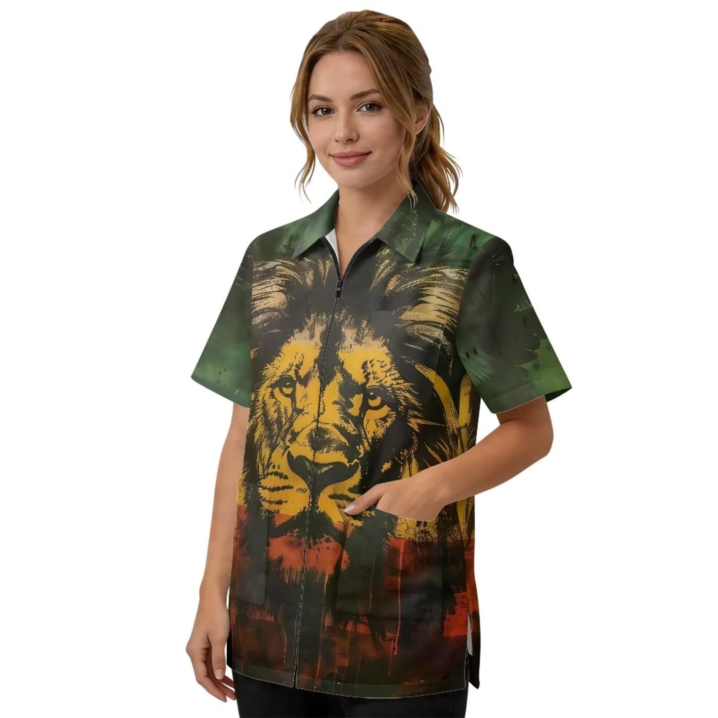 Srengjodk Rasta Lion Print Jacket For Barber Waterproof Hairdresser Smock, Green Anti-Static Grooming Smocks With 3 Pockets For Women Men Hair Stylist Work Vest Apron L 2XL