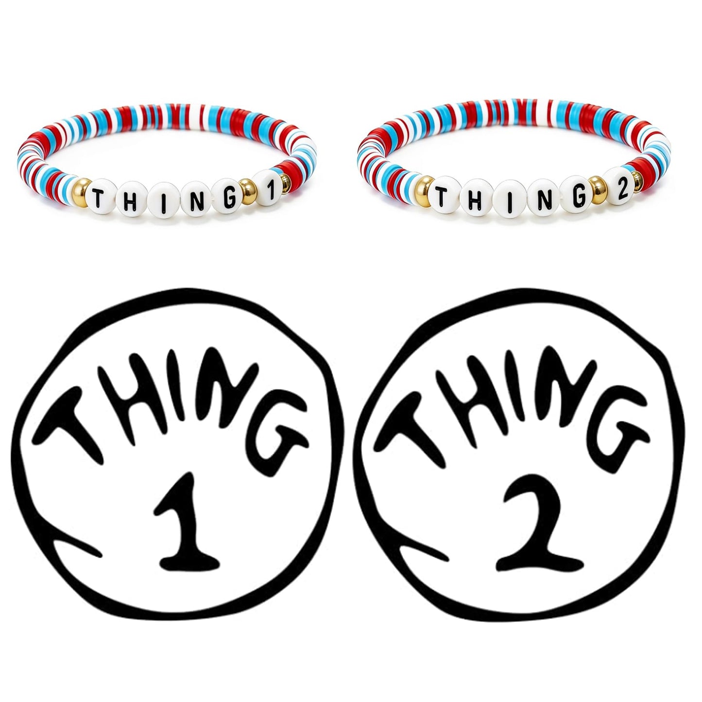 Thing 1 Thing 2 Iron-On Patch and Bracelet Set, 4Pcs Book Character Costume Accessories for Reading Week, Felt Patches with Matching Stretch Bracelets, Halloween Party Supplies