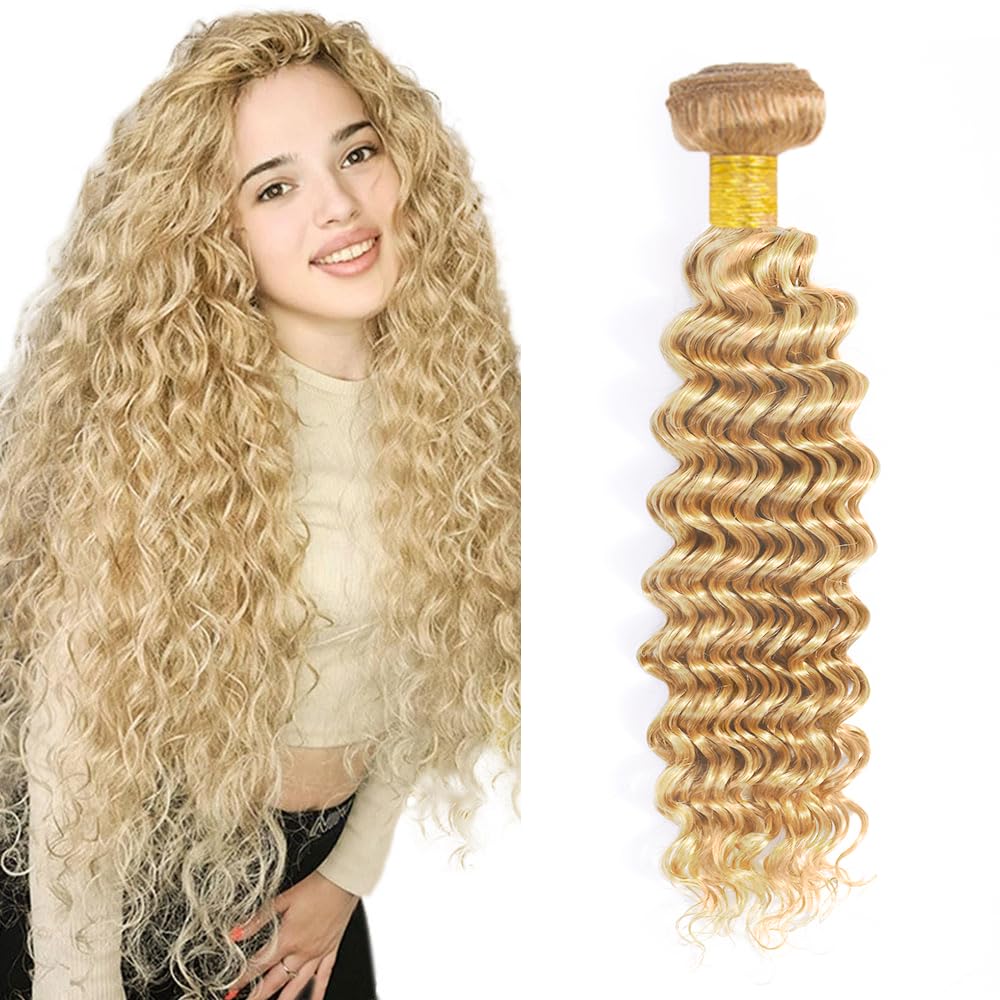 Blonde Bundles P27613 Human Hair Bundle #613 Deep Wave Bundles Human Hair Unprocessed Virgin Hair 1 Bundle 14 Inch #27 Deep Wave Hair Extensions