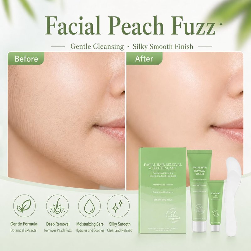 Facial Hair Removal Cream for Women - (Contains Soothing Gel) Kit Gentle & Painless Hair Remover for Upper Lip Chin & Sideburns, 5-8Minute Quick Depilatory Cream for Sensitive Skin Effective at-Home