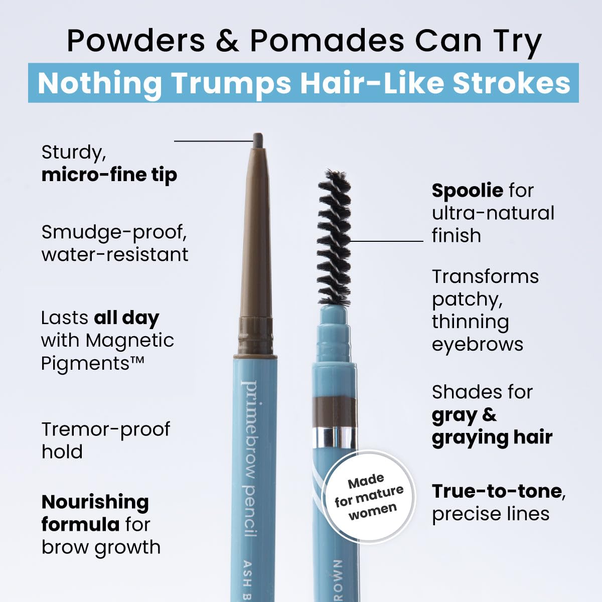 PrimeBrow Pencil for Mature Women - Ultra-Precise Tip for Natural Hair-Like Strokes | Smudge-Proof & Long-Lasting (Ash Brown)