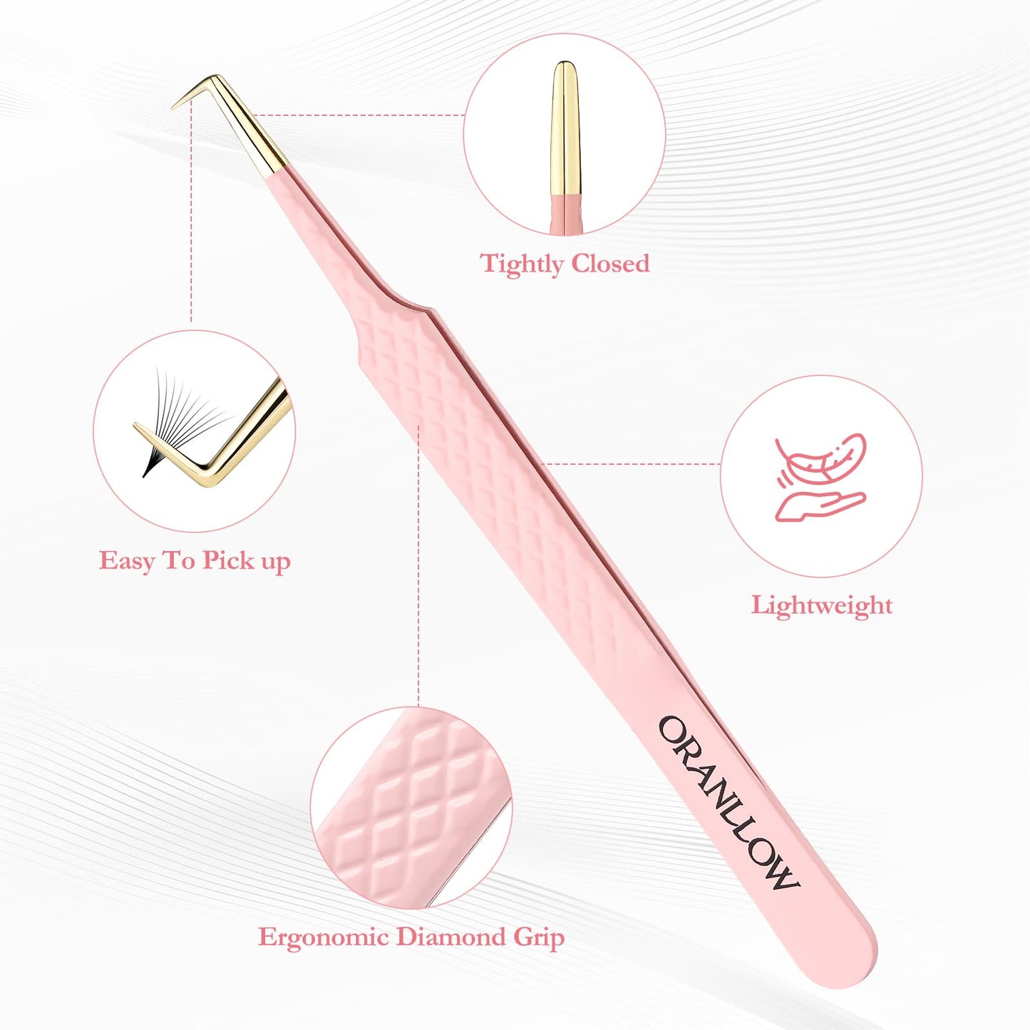 Oranllow Lash Tweezers Set for Eyelash Extensions - 3 Precision Fiber Tip Diamond Grip, Volume,L-shape Boot, 90 Degree Lash Tweezers for Volume Classic Lashes Premade Fans (3)