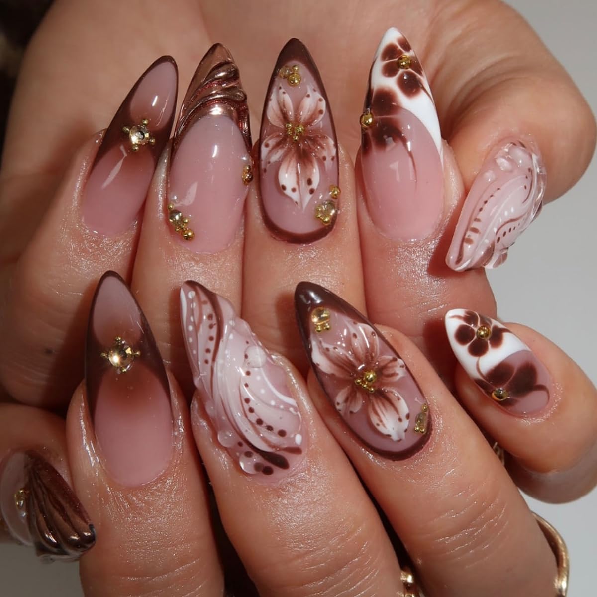 French Tip Almond Press-On Nails - Cat's Eye Acrylic with 3D Charms | 24 Pcs Set