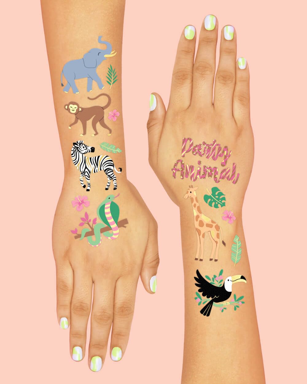 Jungle Temporary Tattoos - 36 Wild Animal Designs for Birthday Parties & Baby Showers | Elephant, Giraffe, Tiger