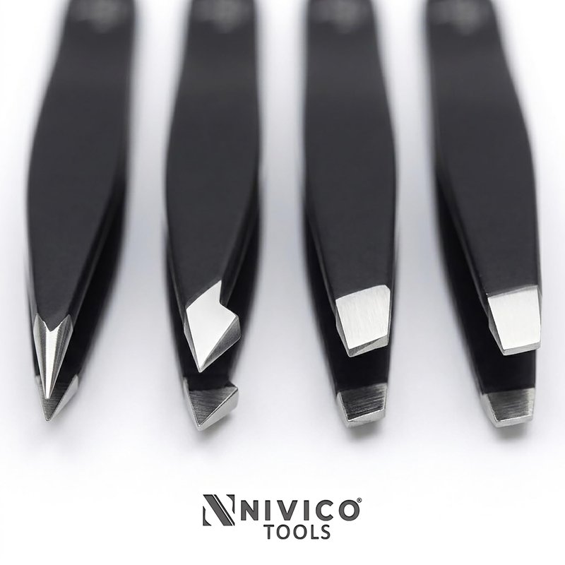 Nivico Tools Premium Eyebrow Tweezers Set – Professional Surgical-Grade Stainless Steel Precision Plucking Kit (Slant, Pointed, Flat, Angled) – Facial Hair & Splinter Removal with Leather Pouch