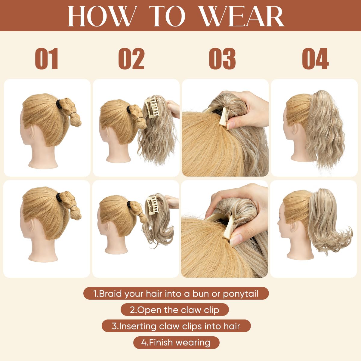 Ponytail Extensions - Wavy Curly Claw Clip Hairpieces for Women | 12" & 14" Beige Multi Set