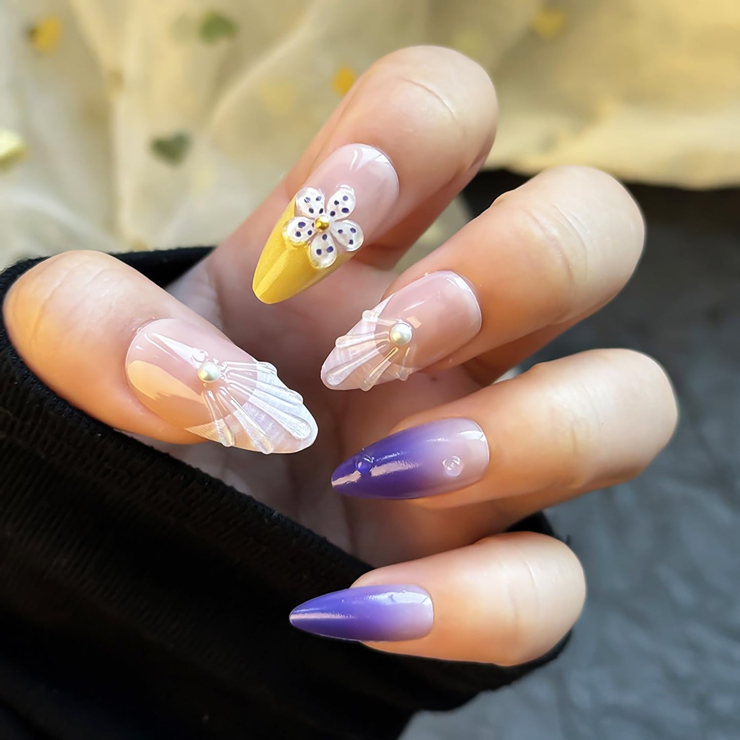 Summer Beach Press-On Nails - 24Pcs Medium Almond Purple French Tip with Starfish & Seashell Design | Floral Acrylic Full Cover