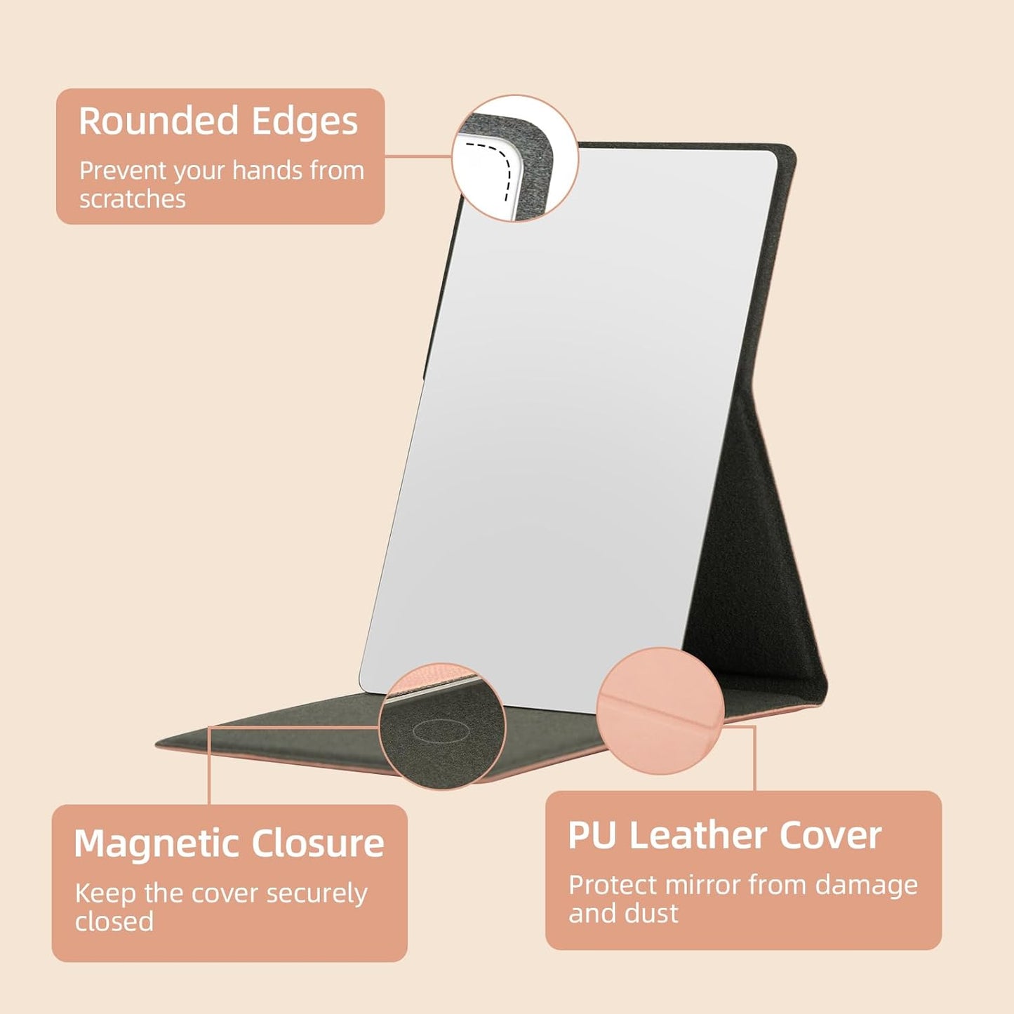 Shatterproof Stainless Steel Pocket Mirror - Compact Folding Travel Mirror for Women | Portable Handheld & Tabletop Use (Pink)