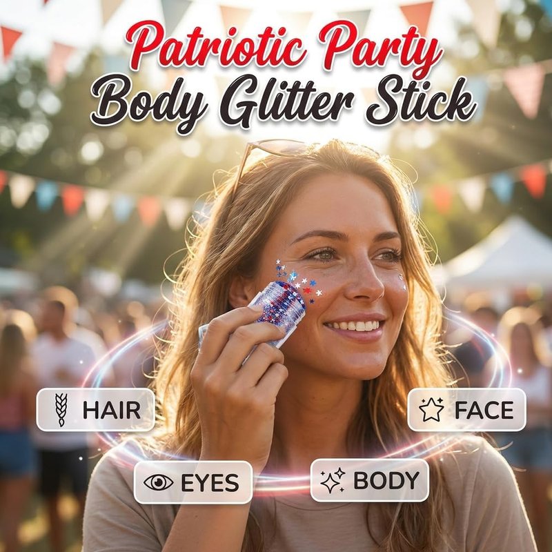 4th of July Hair Glitter Stick - Red, White & Blue Waterproof Face & Body Glitter for Patriotic Makeup | Perfect for Football Games & Celebrations