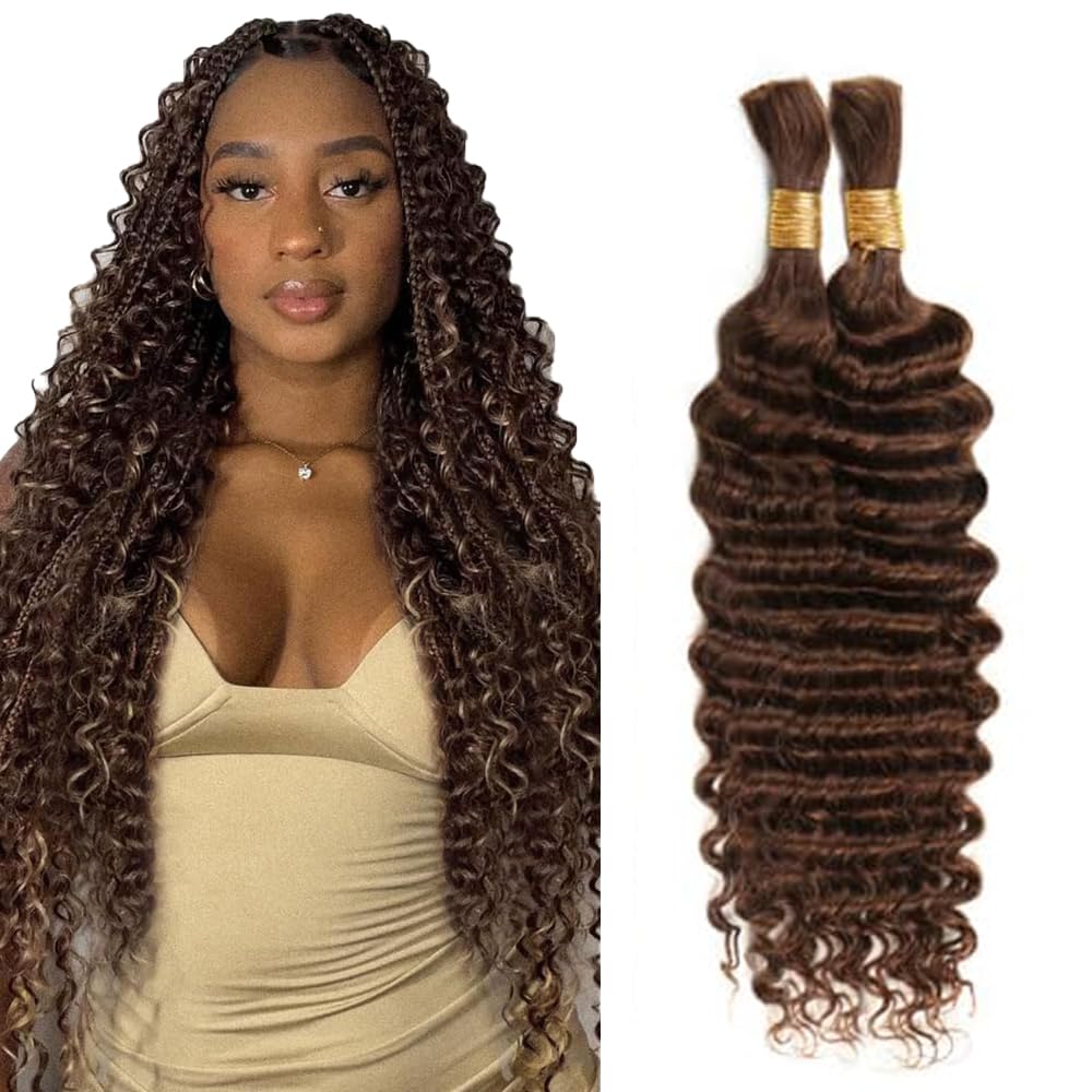 Human Braiding Hair 22 Inch 100g Chocolate Brown Deep Wave Bulk Human Hair for Braiding No Weft Curly Bundles Hair Extensions for Boho Knotless Wet and Wavy Braids