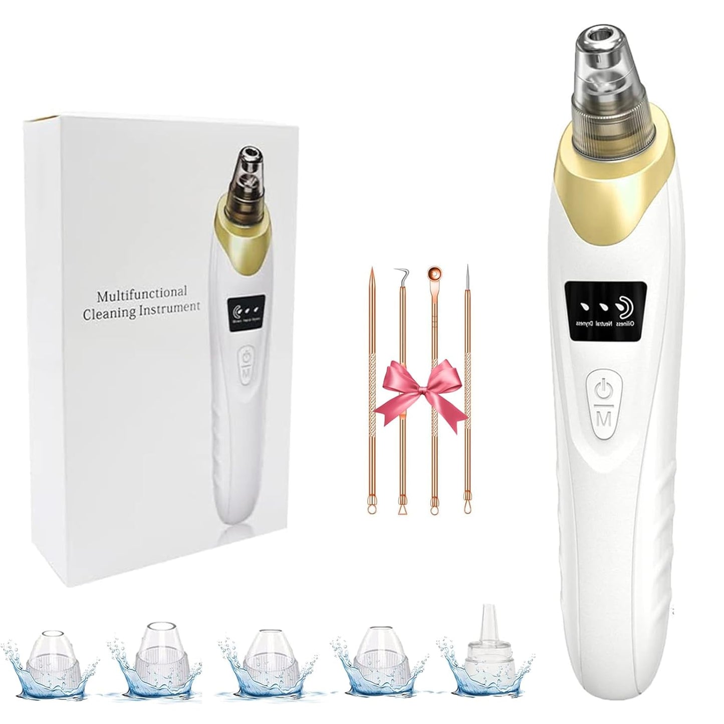 Pore Vacuum Blackhead Remover - USB Rechargeable, 3 Adjustable Levels, 5 Suction Powers, 6 Probes | Face Cleanser for Women & Men - Gold