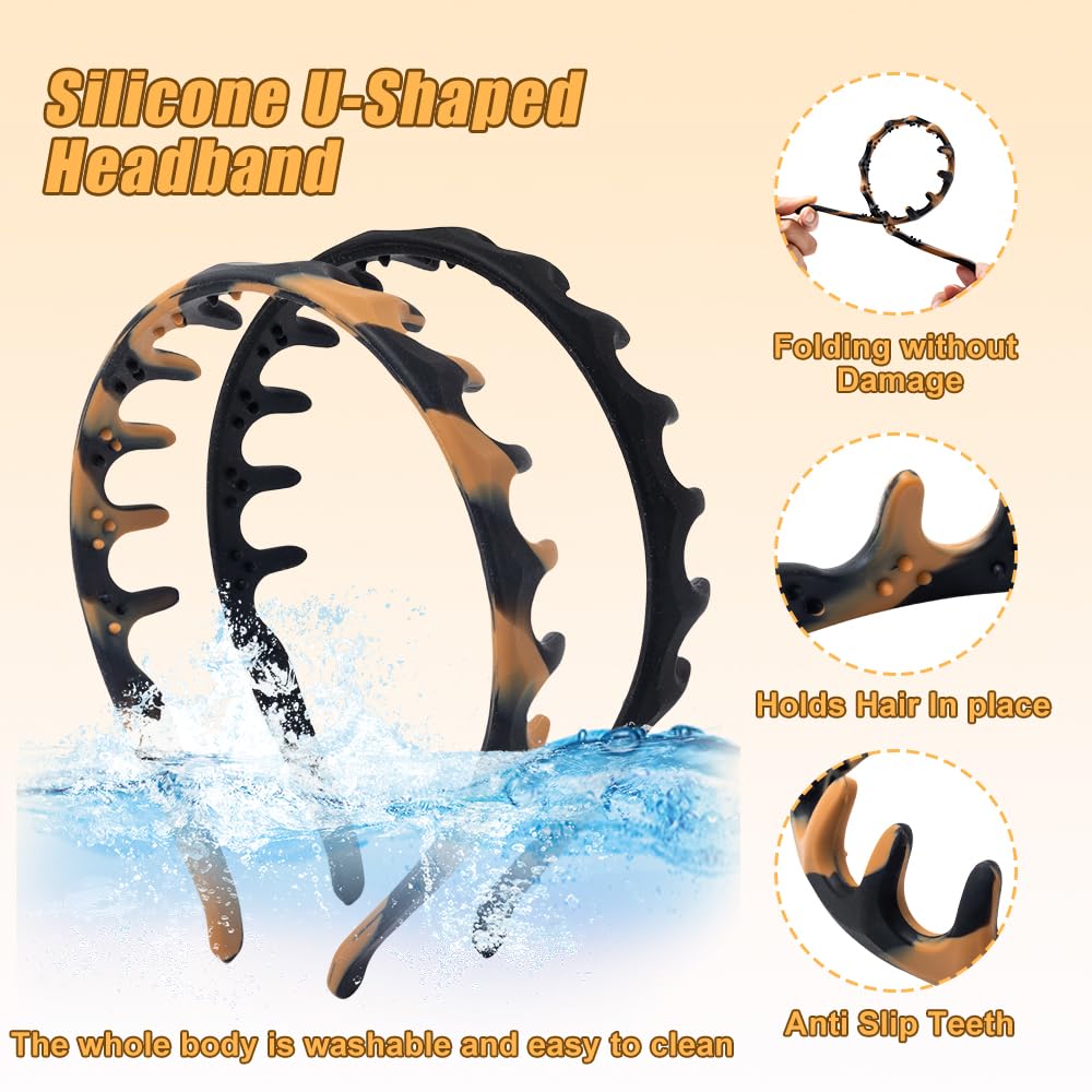 CUUCTGDA New U Shape Headbands for Women Non Slip,Fashion Accessories for Slicked Back Styles,Soft Stretchable Silicone Headband,Comfortable Comb Headband with Teeth 2 Pack（Tortoise & Black）