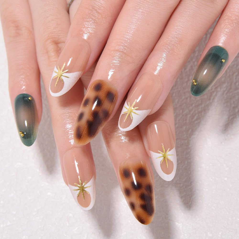 Nude Cat Eye Press-On Nails - Short Almond Shape with Gold French Tips | Reusable Soft Gel Set for Women