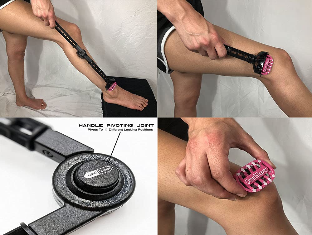 OmniShaver Extender Handle - Full Body Shaver for Men & Women with 20" Extension Holder - Adjustable & Foldable, Includes Detachable Lotion Applicator for Back, Legs, Arms, Articulating Head - Black