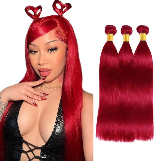 30 30 30 Inch Burgundy Human Hair Bundles Red Straight Bundles Same Length Brazilian Virgin Wine Red Bundle Hair Extensions for Woman