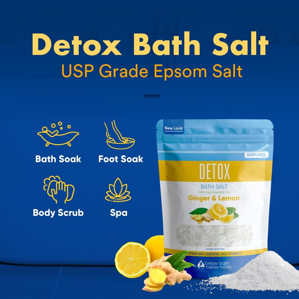 Detox Bath Salt - 32 Ounces Epsom Salt with Ginger & Lemon Oils | Vitamin C Infused, BPA-Free Pouch