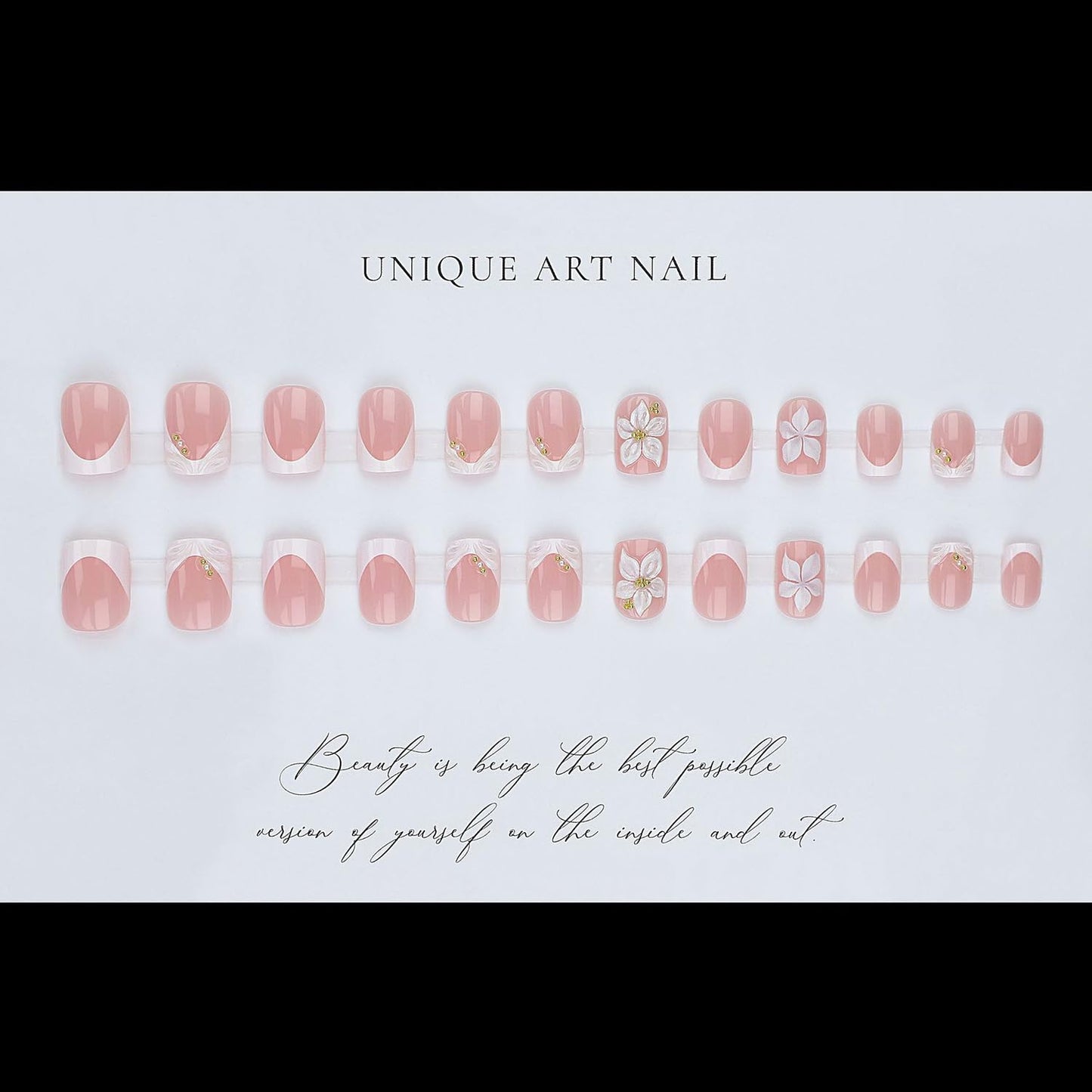 French Tip Press-On Nails - Short Square Floral Design with 3D Rhinestones | 24 Pcs Glossy Acrylic Set