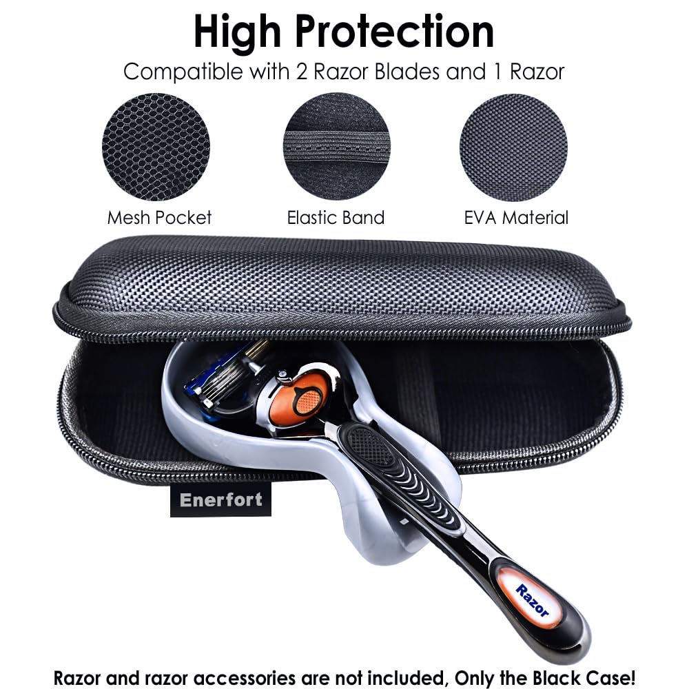 Enerfort Hard EVA Razor Travel Case Compatible with Gillette Men's Razor - Mesh Pocket for 2 Razor Blades + Lightweight Carrying Handle + Durable Zipper (Only Case)