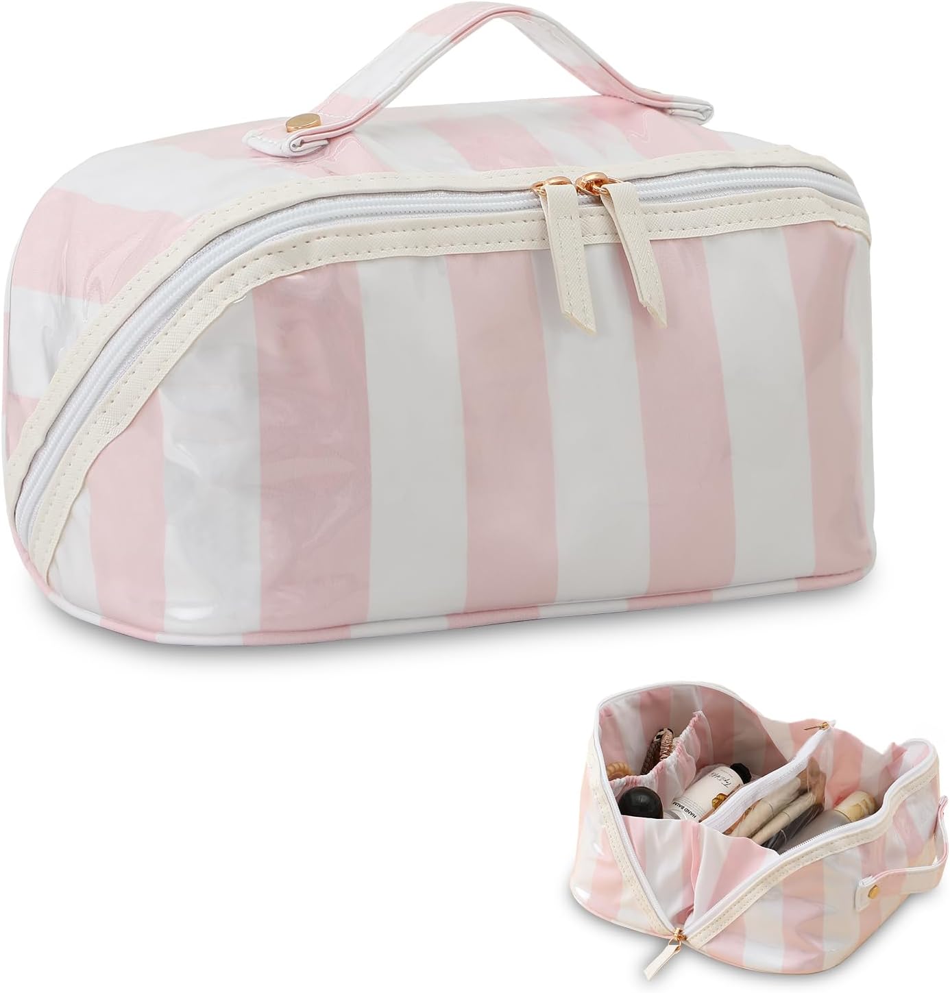 Stripe Travel Makeup Bag - Waterproof Cosmetic Organizer with Compartments | Pink-Orange