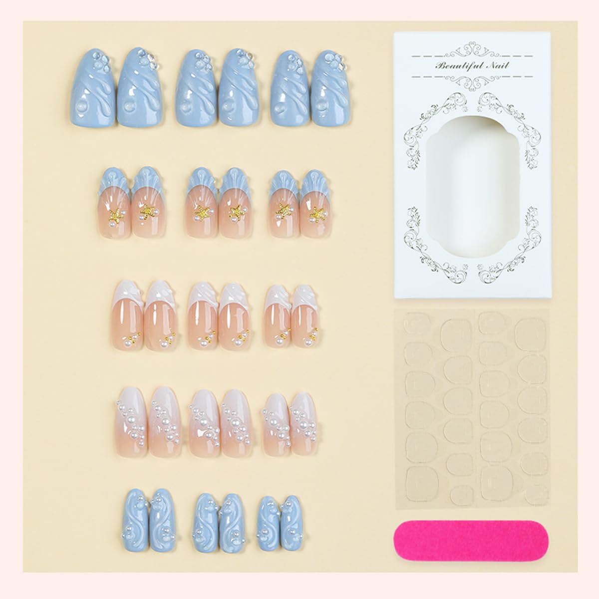 30Pcs French Tip Press on Nails Short Almond Fake Nails with 3D Pearl & Starfish Design Blue White Acrylic Nail Tips Full Cover False Nails Reusable Summer Glue on Nails for Women DIY Manicure