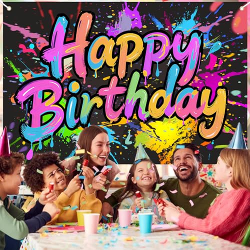 Neon Birthday Banner Backdrop - 72x43 Inch Glow in The Dark Decoration