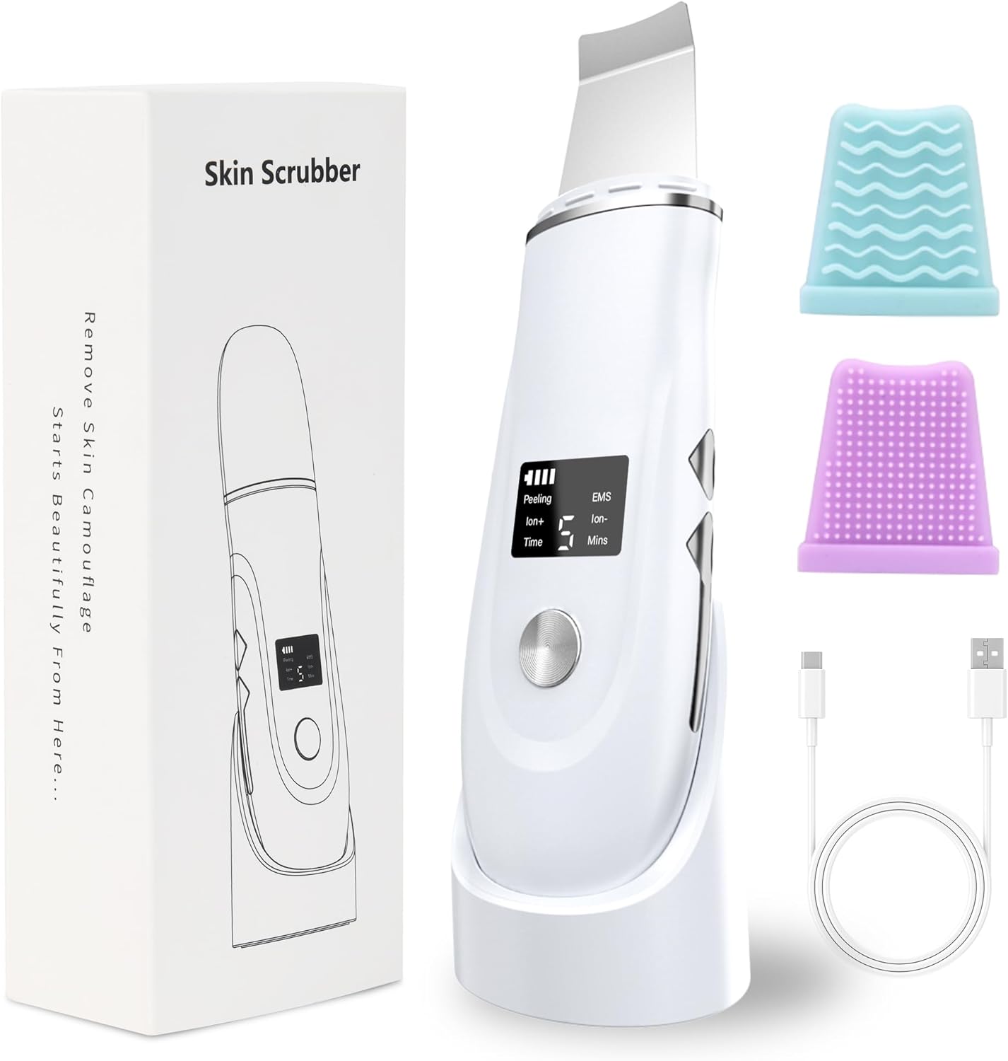 Face Scrubber Skin Spatula - 4-in-1 Blackhead Remover Tool for Deep Cleansing | Fast Charging Dock Included, White